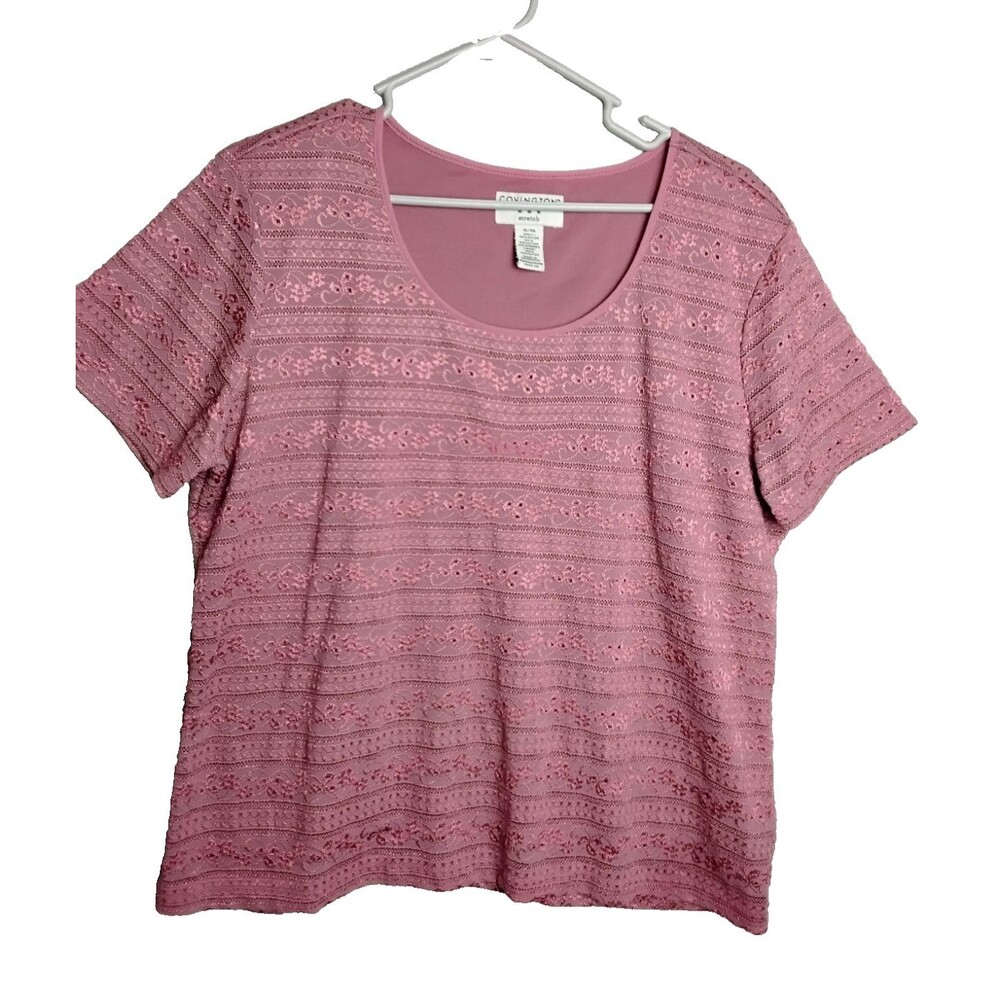 Covington Woman Size XL Top Blouse Short Sleeves Mauve Pink Embroidered Coquette